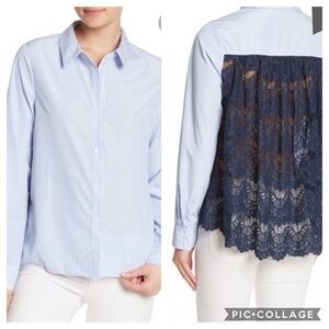 Anthropologie English Factory Blue & White Striped Cotton Shirt w/ Lace Back